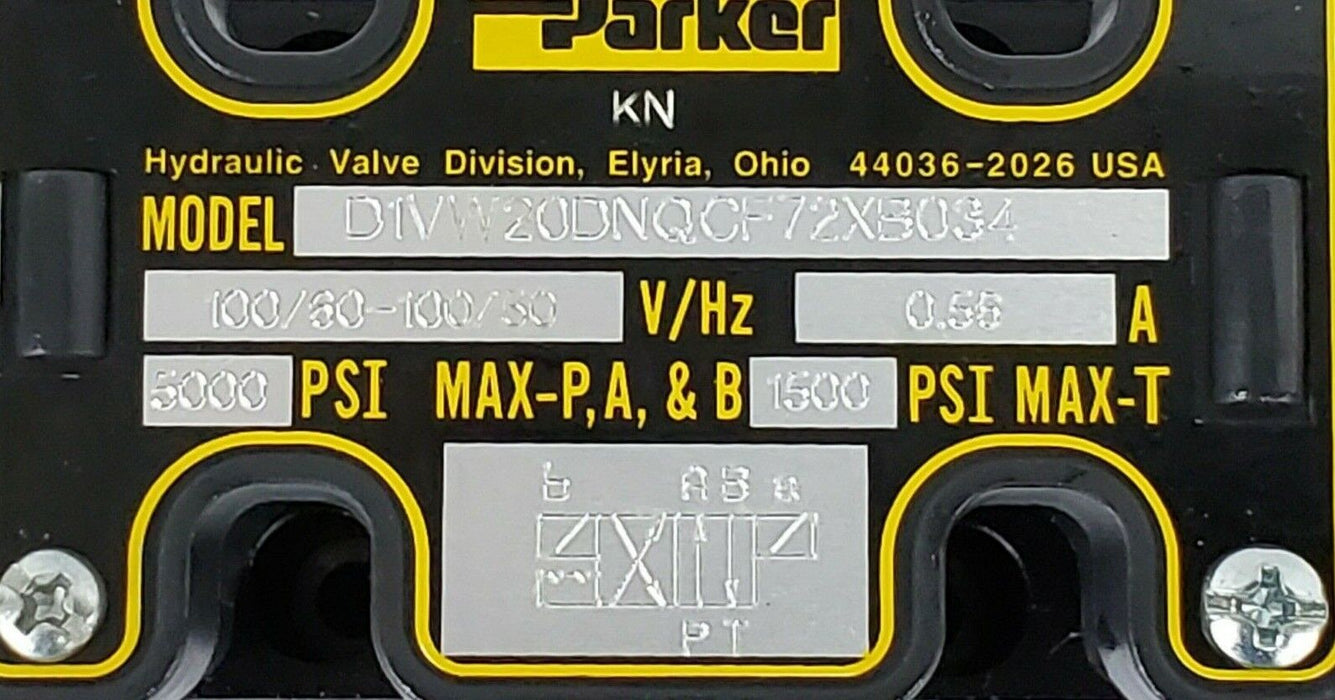 NIB PARKER D1VW20DNQCF72XB034 SOLENOID VALVE 5000PSI, 0.56 AMPS