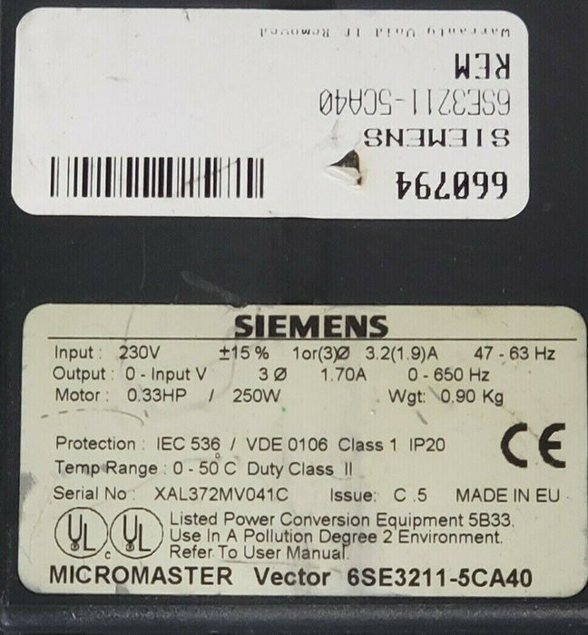 SIEMENS 6SE3211-5CA40 AC DRIVE MICROMASTRER 0.33 HP 230 VAC