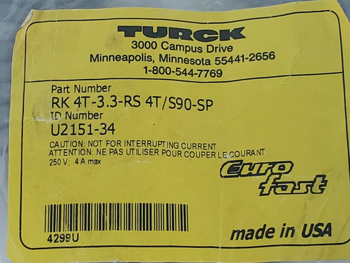 NEW TURCK RK 4T-3.3-RS 4T/S90-SP EUROFAST MOLDED CORDSET ID NO. U2151-34