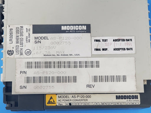 AEG / MODICON AS-P120-000 AC POWER CONVERTER REV. B 115/230V .6/.3A ASP120000