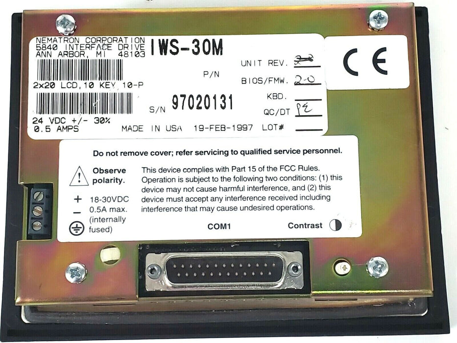 REPAIRED NEMATRON CORP. IWS-30M OPERATOR INTERFACE LCD 10KEY 0.5AMP 24VDC IWS30M