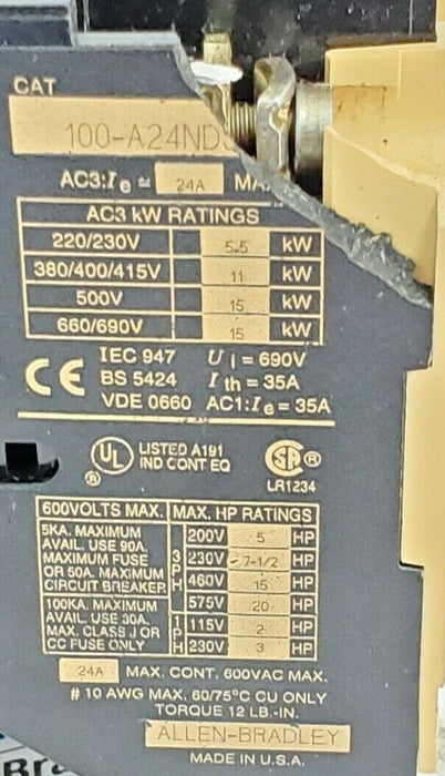 ALLEN BRADLEY 100-A24ND3 AC CONTACTOR, SER. C, 110/120VAC, 50/60HZ, 100A24ND3