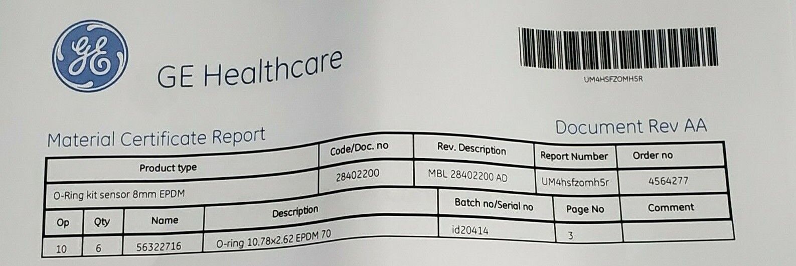 NIB GE HEALTHCARE 28-4022-00 O-RING KIT SENSOR 8mm EPDM 28402200 AD