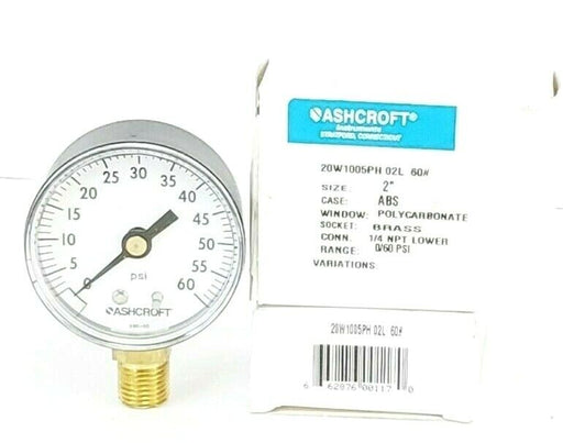 LOT OF 2 NIB ASHCROFT 20W1005PH 02L 60# PRESSURE GAUGES 0-60PSI, 1/4 NPT LOWER