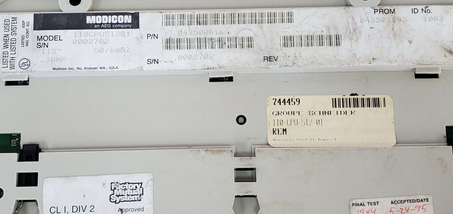MODICON 110CPU51201 MICRO PLC 110-CPU-512-01 REV. 3.11, 115~ .3AMP 50/60HZ
