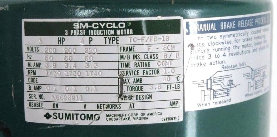 SM-CYCLO TC-F/FB-1B 3-PHASE INDUCTION MOTOR SUMITOMO SM-HYPONIC RMH1-A40L