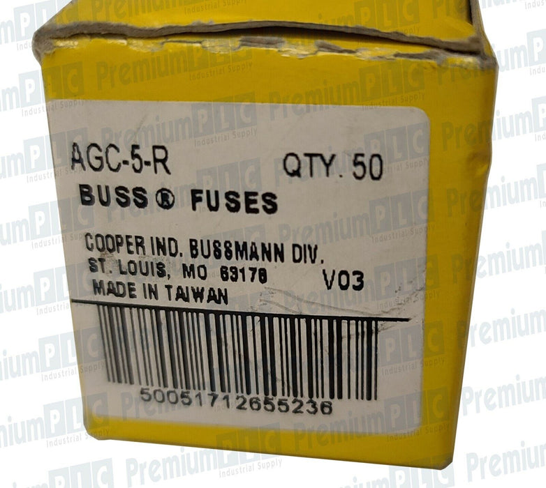 LOT OF 50 COOPER BUSSMANN AGC-5-R BUSS FAST ACTING FUSES 5 AMP 250VAC AGC5R NIB