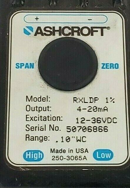 ASHCROFT RXLDP 1% PRESSURE TRANSMITTER 4-20mA, 12-36VDC, 0.10"WC RANGE