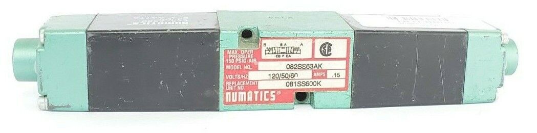 NUMATICS 082SS63AK SOLENOID VALVE VOLTZ/HZ 120/50/60 AMPS: .15, 225-285B 24VDC
