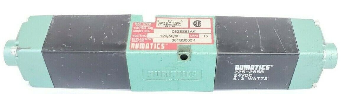 NUMATICS 082SS63AK SOLENOID VALVE VOLTZ/HZ 120/50/60 AMPS: .15, 225-285B 24VDC