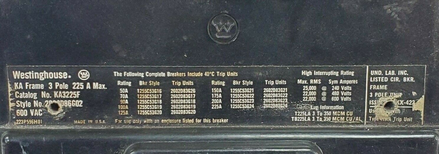 WESTINGOUSE CAT NO. KA3225F STYLE NO. 2602D86G02 CIRCUIT BREAKER 3P, 225A, 600V