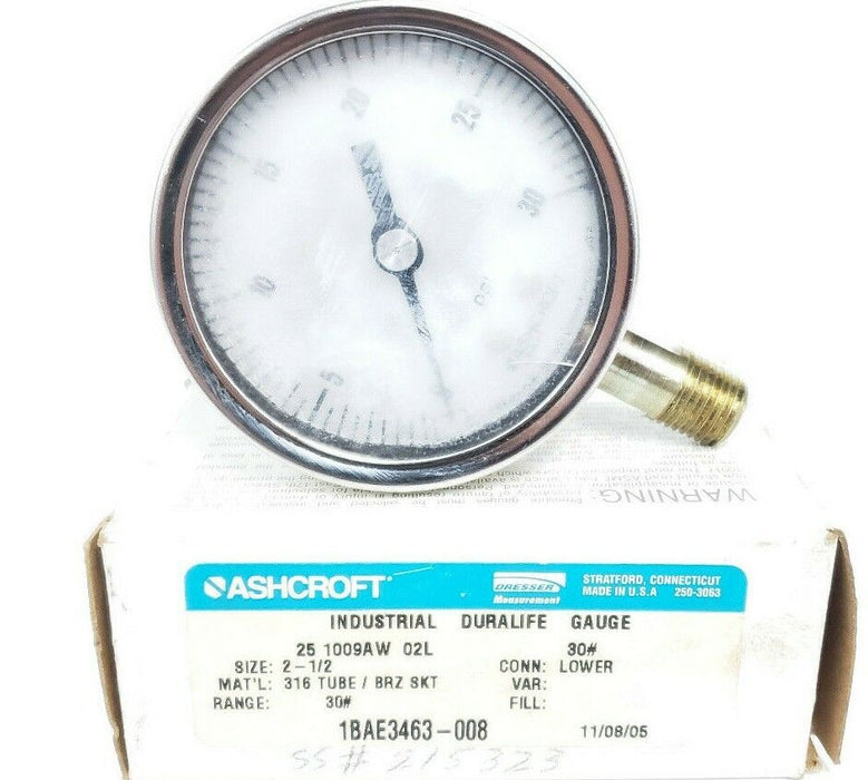 ASHCROFT 25-1009AW-02L PRESSURE GAUGE 2-1/2" 0-30PSI 30# 1BAE3463-008 238A460-01
