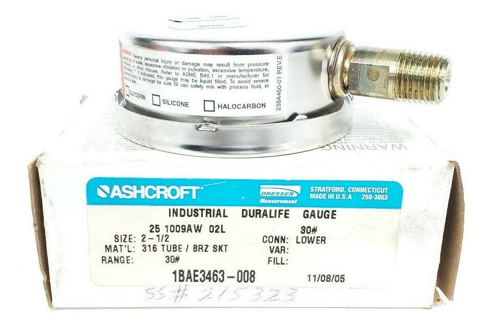 ASHCROFT 25-1009AW-02L PRESSURE GAUGE 2-1/2" 0-30PSI 30# 1BAE3463-008 238A460-01