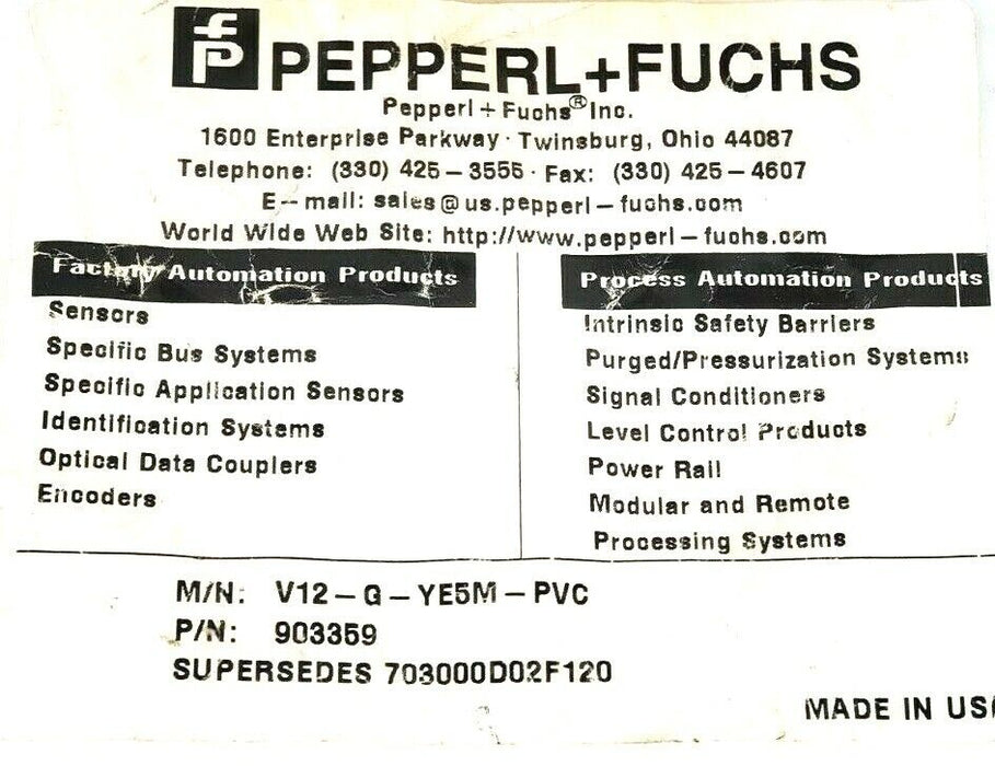 NEW PEPPERL+FUCHS V12-G-YE5M-PVC CORDSET 5M, 903559, SUPERSEDES 703000D02F120