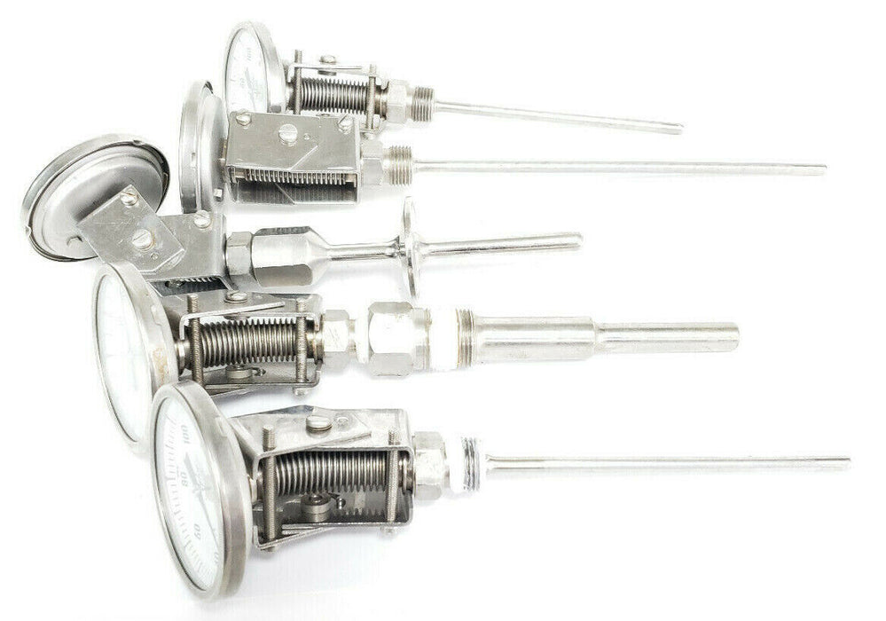 LOT OF 5 TAYLOR BI-THERM THERMOMETERS -50-50DEG C & 20-120DEG C, VARIOUS LENGTHS