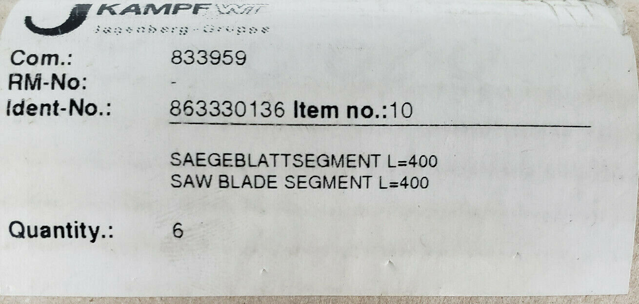 LOT OF 6 NEW KAMPF MACHINERY 863330136 SLITTER SAW BLADE SEGMENTS L=400MM
