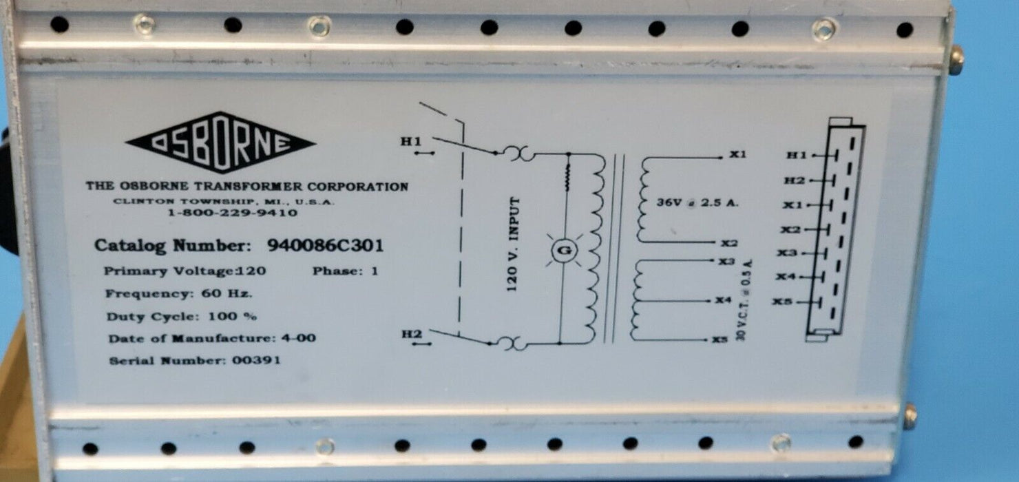 OSBORNE 940086C301 CONTROL TRANSFORMER 120VAC, 1PH, 60HZ