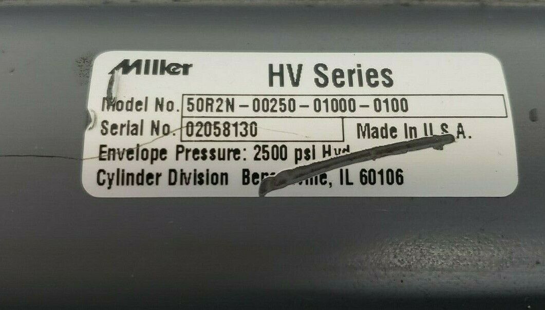 MILLER HV SERIES 50R2N-00250-01000-0100 HYDRAULIC CYLINDER 2500PSI