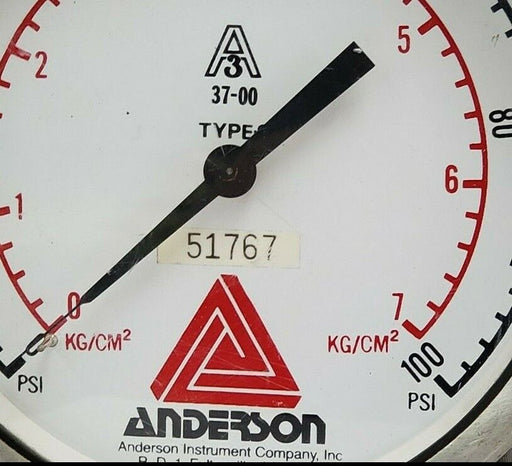 ANDERSON A3 37-00 TYPE S PRESSURE GAUGE, 0-100PSI, 0-7KG/CM^2, 51767