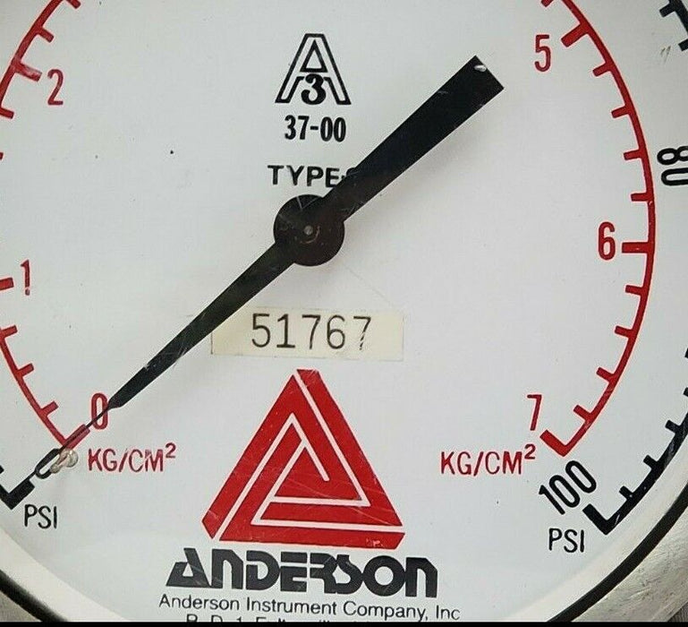 ANDERSON A3 37-00 TYPE S PRESSURE GAUGE, 0-100PSI, 0-7KG/CM^2, 51767