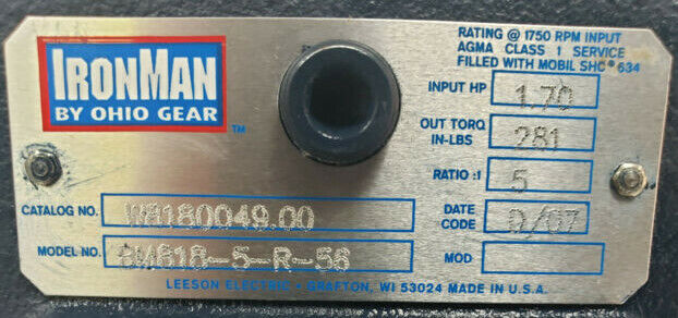 NEW LEESON IRON MAN W8180049.00 BM818-5-R-56 RIGHT ANGLE GEAR REDUCER 1.70HP 5:1