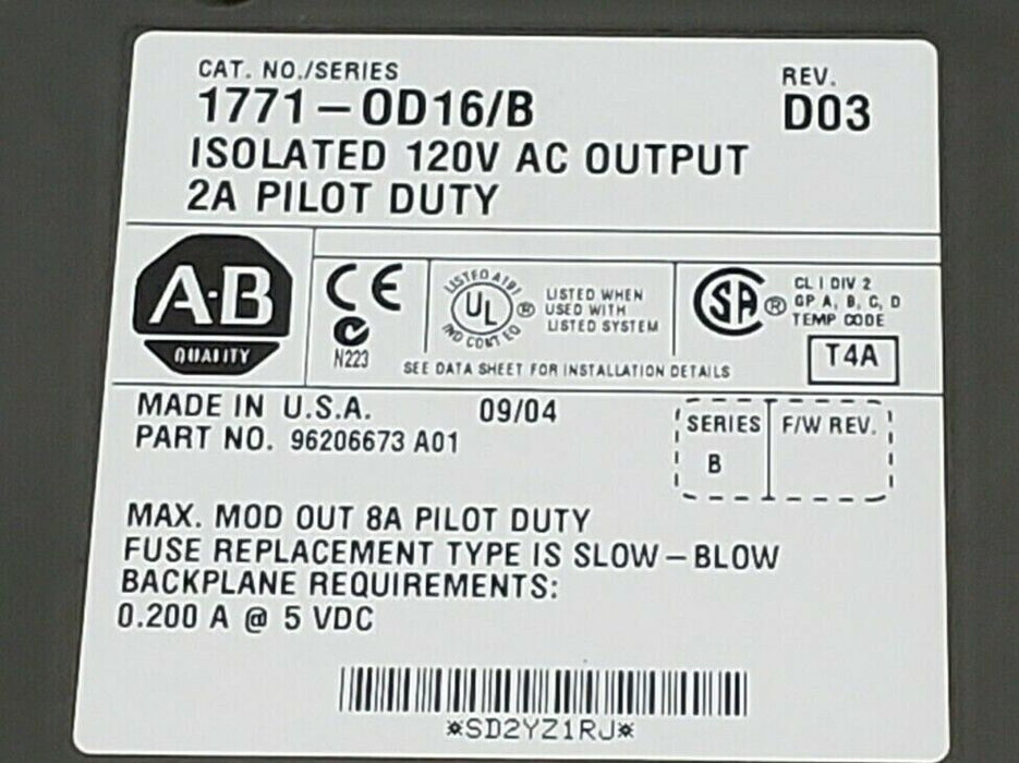 ALLEN-BRADLEY 1771-OD16 SER. B ISOLATED 120V AC OUPUT MODULE 1771-OD16/B REV D03