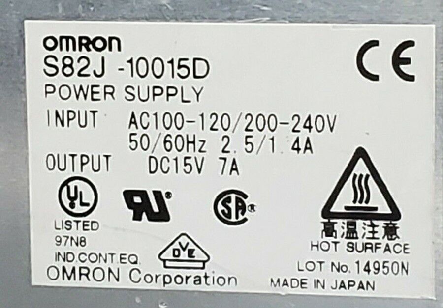 OMRON S82J-10015D POWER SUPPLY AC100-120/200-240V 50/60HZ 2.5/1.4A / DC 15V 7A