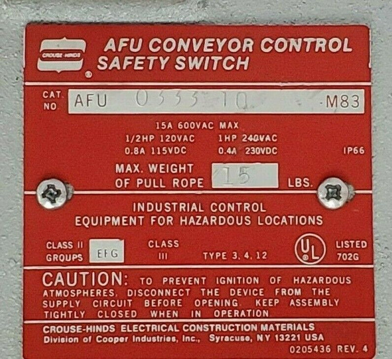 CROUSE HINDS AFU0333-10 CONVEYOR CONTROL SAFETY SWITCH AFU0333-10-M83 INCOMPLETE