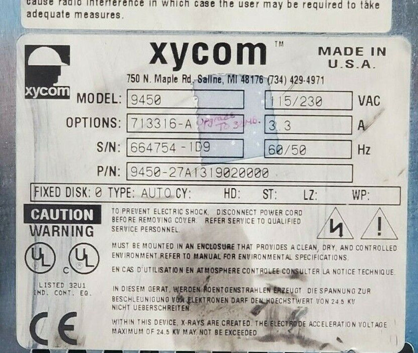 XYCOM 9450 OPERATOR INTERFACE MONITOR 713316-A 220396A 9450-27A1319020000