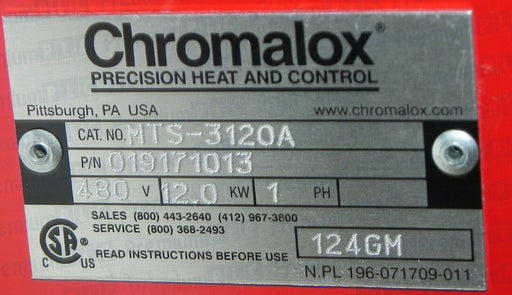 NEW CHROMALOX MTS-3120A 192268 / 019171013 MTS-3 IMMERSION HEATER 480V 12KW 1PH
