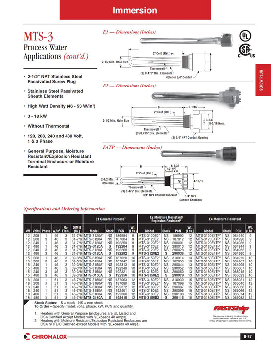 NEW CHROMALOX MTS-3120A 192268 / 019171013 MTS-3 IMMERSION HEATER 480V 12KW 1PH