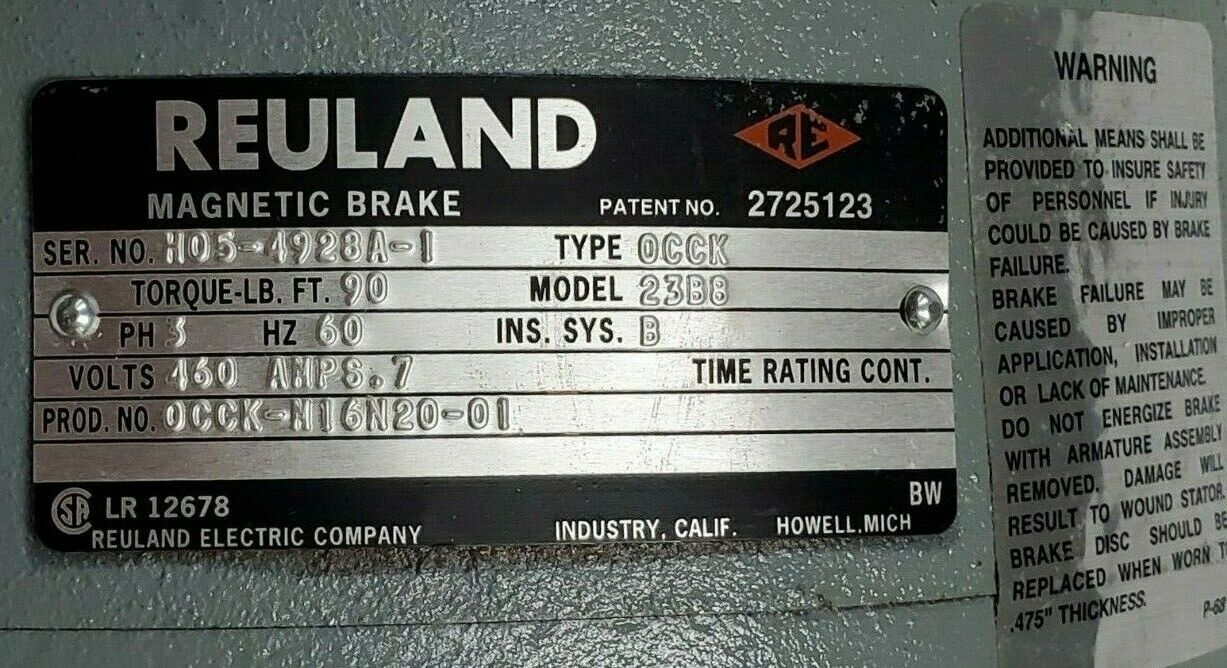 REULAND OCCK-M16N20-01 MAGNETIC BRAKE TYPE OCCK MODEL 23B8 460V 60Hz