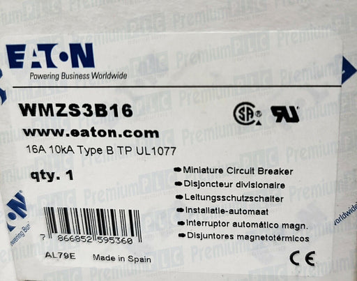 NEW EATON WMZS3B16 MINIATURE CIRCUIT BREAKER 16A 10kA TYPE B 277/480VAC 3P