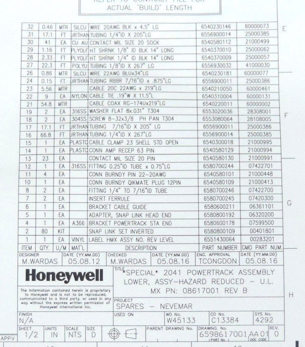 NEW HONEYWELL MEASUREX 08617001 REV. B 2041 POWERTRACK ASSY LOWER 6598617001AA01