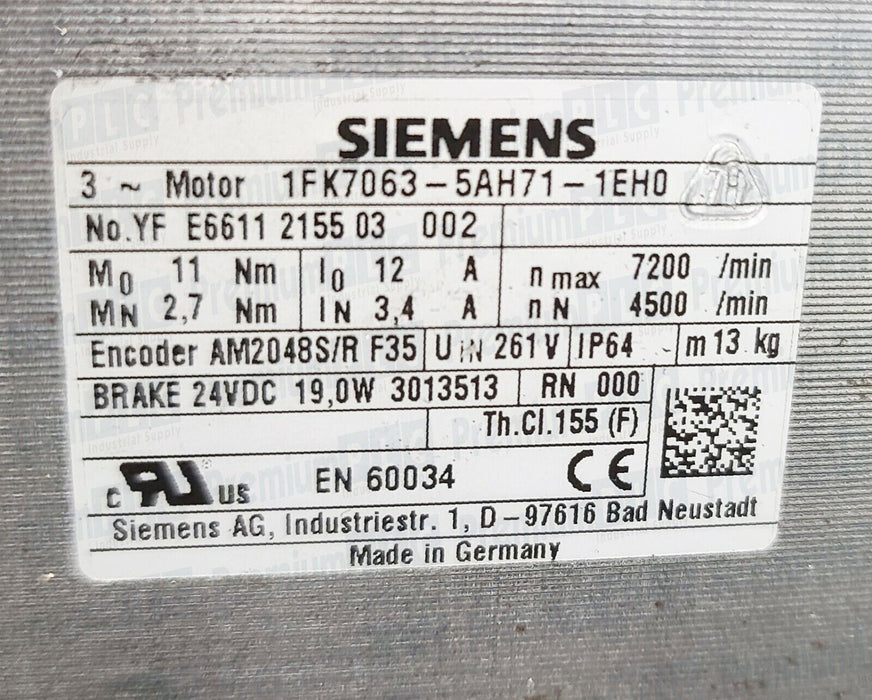 NEW SIEMENS 1FK7063-5AH71-1EH0 SIMOTICS S SYNCHRONOUS SERVO MOTOR 1.41kW