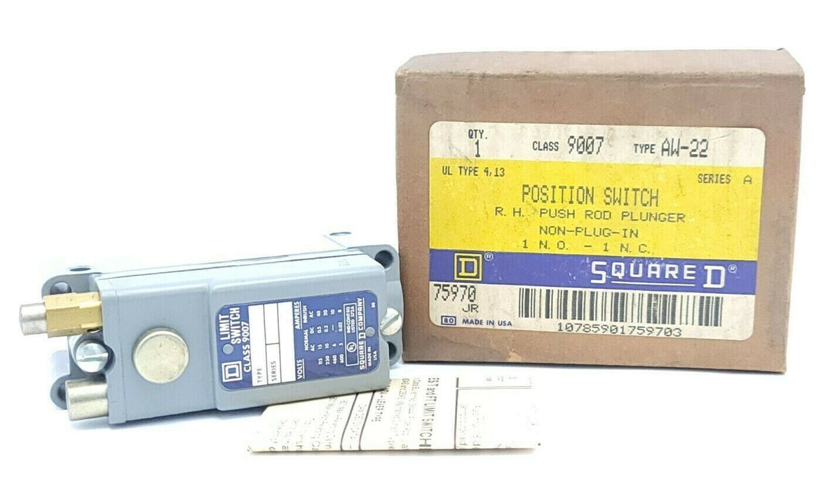 NIB SQUARE D 9007-AW-22 POSITION SWITCH R.H PUSH ROD PLUNGER 9007AW22 SER. A