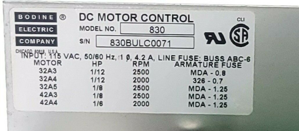 BODINE ELECTRIC COMPANY 830 DC MOTOR CONTROL 115VAC, 50/60HZ 4.2A