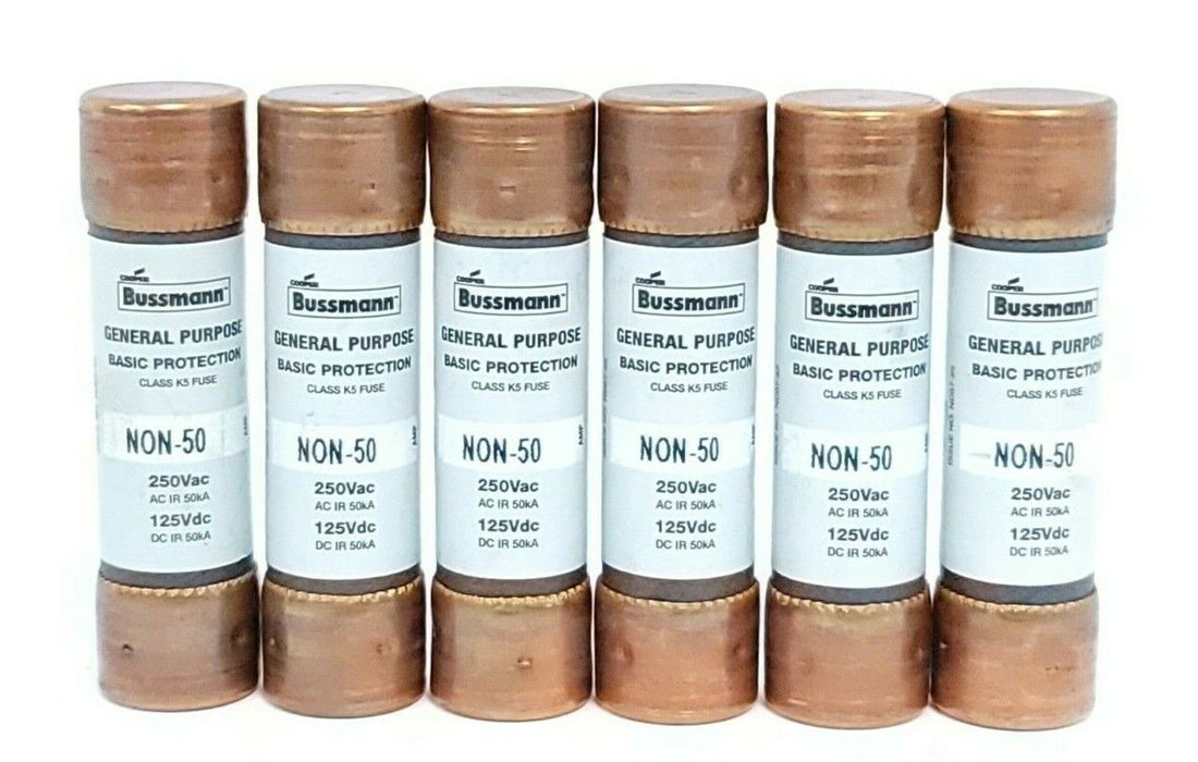 BOX OF 6 NEW COOPER BUSSMANN NON-50 ONE TIME BUSS FUSES NON50
