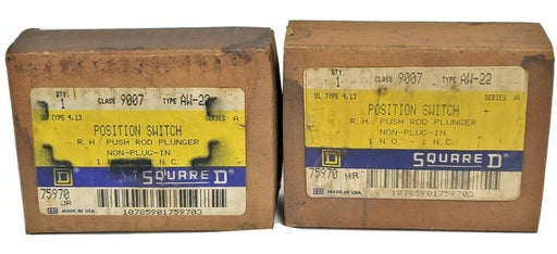 (2) NIB SQUARE D 9007-AW-22 POSITION SWITCHES R.H PUSH ROD PLUNGER 9007AW22