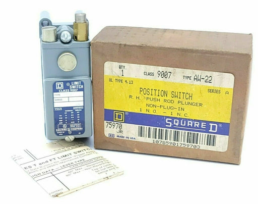 (2) NIB SQUARE D 9007-AW-22 POSITION SWITCHES R.H PUSH ROD PLUNGER 9007AW22