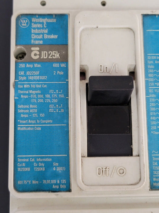 WESTINGHOUSE JD2250F CIRCUIT BREAKER 1491D81G02 2P 600VAC 250AMP JT2200T TRIP