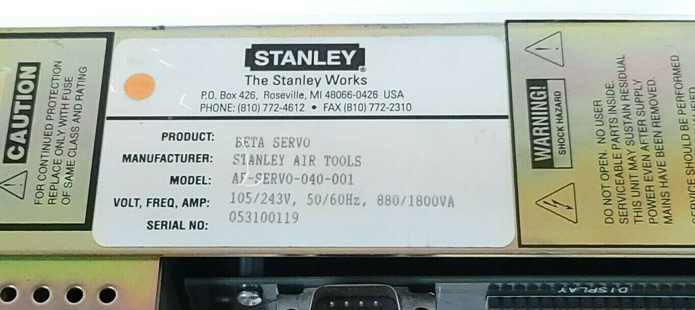 STANLEY AF-SERVO-040-001 SERVO DRIVE S/N: 053100119, 105/243V, 50/60Hz