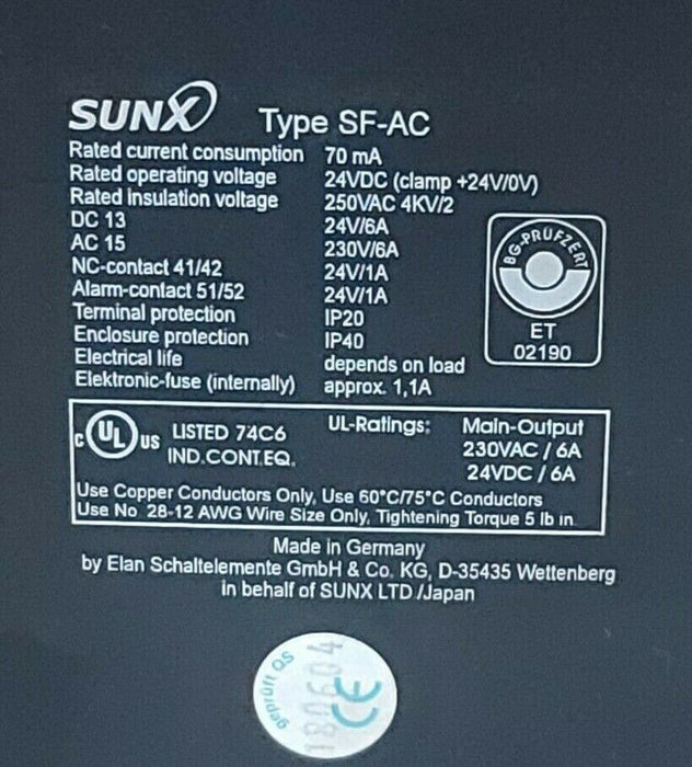 SUNX TYPE SF-AC SAFETY RELAY UNIT SFAC 70mA 24VDC 250VAC
