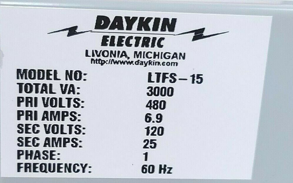 DAYKIN ELECTRIC LTFS-15 TRANSFORMER DISCONNECT TOTAL VA: 3000 SINGLE PHASE