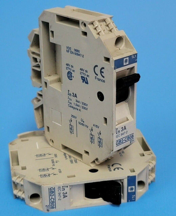 (2) TELEMECANIQUE GB2-CB08 THERMAL MAGNETIC CIRCUIT BREAKERS 3.0 AMP 1 POLE