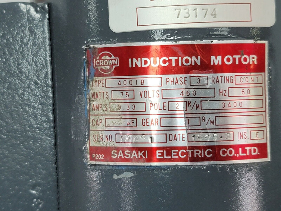 SASAKI ELECTRIC 4001B INDUCTION MOTOR 3-PHASE 2-POLE 3400 R/M