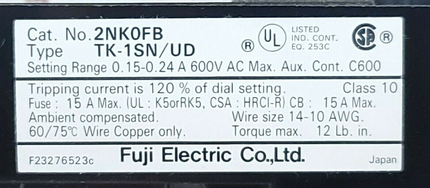 NIB FUJI ELECTRIC TK-1SN/UD 0.15-0.24A THERMAL OVERLOAD RELAY TK1SNUD