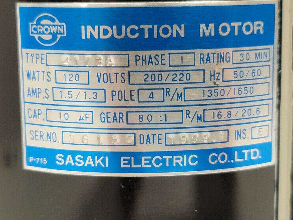 NIB SASAKI ELECTRIC 4173A CROWN INDUCTION MOTOR 1PH 4-POLE 120W