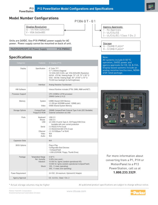 NEW PARKER CTC P1306QT-Q3 6" P13 POWERSTATION HMI TOUCHSCREEN DISPLAY 24VDC