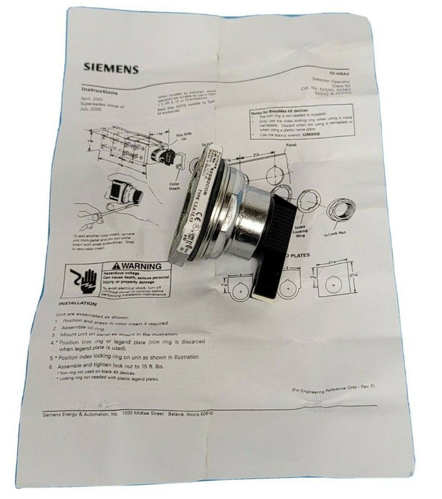 NIB FURNAS 52SB2CDB OIL TIGHT SELECTOR OPERATOR 3-POS. C CAM LONG LEVER